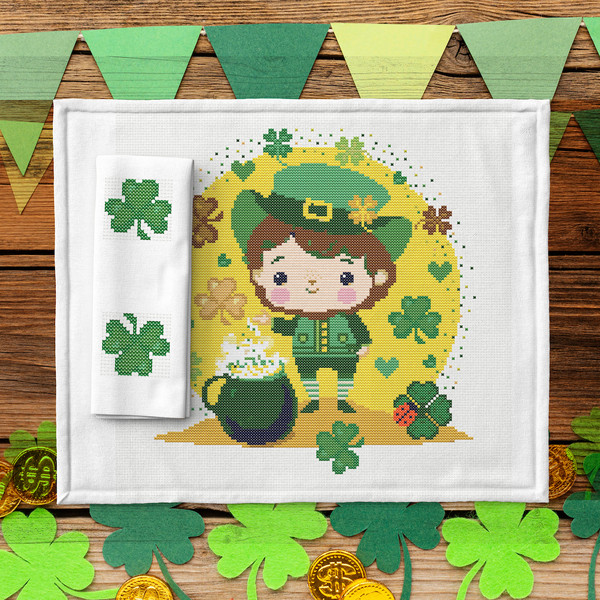 4 Leprechaun and shamrocks St Patrick day cross stitch PDF pattern created for Creative cross stitch shop for cozy home decor and gift.jpg