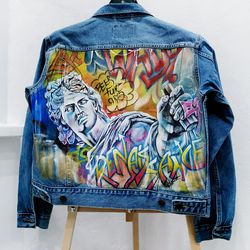 hand painted unisex jacket, fabric painted jean jacket, denim jacket, designer art graffiti, wearable art,custom clothes