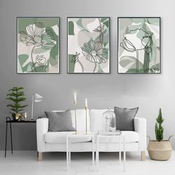 Floral Prints, Sage Green Wall Art, Flower Line Art, Set of 3 Prints, Abstract Flowers, Large Poster, Digital Download