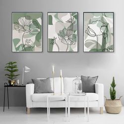 floral prints, sage green wall art, flower line art, set of 3 prints, abstract flowers, large poster, digital download