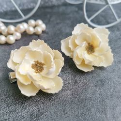 White flower hair pins or clips 2 pieces set is fancy girly aesthetic hair jewelry, cute daintily gift