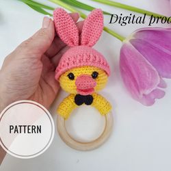 Baby rattle duck in bunny cap crochet pattern, Easter crochet teether, newborn toy amigurumi