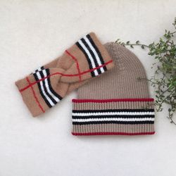 Headband and Hat Burberry style for Women, Hat for women, knitted set hat and headband, beige hat, striped hat, gift t