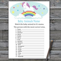 Unicorn Baby animals name game card,Rainbow Baby shower games printable,Fun Baby Shower Activity,Instant Download-379