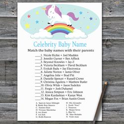 Unicorn Celebrity baby name game card,Rainbow Baby shower games printable,Fun Baby Shower Activity,Instant Download-379
