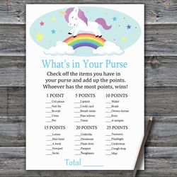 Unicorn What's in your purse game,Rainbow Baby shower games printable,Fun Baby Shower Activity,Instant Download-379