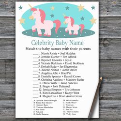 Rainbow Unicorn Celebrity baby name game card,Unicorn Baby shower games printable,Fun Baby Shower Activity--378