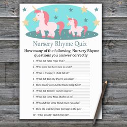 Rainbow Unicorn Nursery rhyme quiz baby shower game card,Unicorn Baby shower games printable,Baby Shower Activity-378