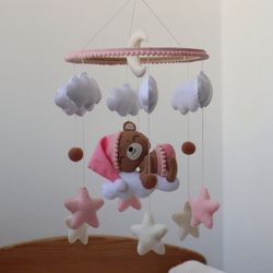 baby bear mobile, baby crib mobile, boho nursery decor, pregnancy gift, baby shower gift, woodland baby girl mobile