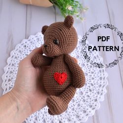 Bear crochet pattern, Bear with a heart, Teddy bear tutorial, Amigurumi toy pattern Handmade stuffed bear  gift for girl