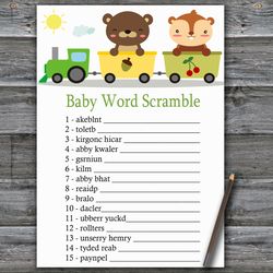 Animal train Baby word scramble game card,Woodland Baby shower games printable,Fun Baby Shower Activity--377