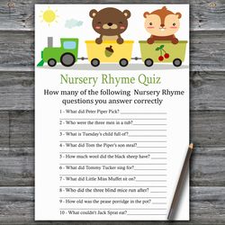 Animal train Nursery rhyme quiz baby shower game card,Woodland Baby shower games printable,Fun Baby Shower Activity--377