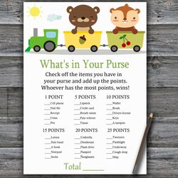 Animal train What's in your purse game,Woodland Baby shower games printable,Fun Baby Shower Activity,Instant Download377
