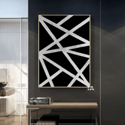 Abstract Silver Lines Painting on Canvas Original Art Modern Artwork Silver Wall Art Black Painting Silver Wall Decor