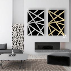 Abstract Diptych Art Gold and Silver Painting Modern Art Contemporary Artwork Lines Painting Abstract Art Black Decor