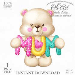 Cute Teddy Bear Clip Art. MUM. Cute Characters, Hand Drawn graphics. Digital Download. OliArtStudioShop