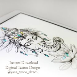 Ganesha Tattoo Sketch Elephant Ganesha Tattoo Design Lotus Tattoo Designs For Woman, Instant download PDF and JPG