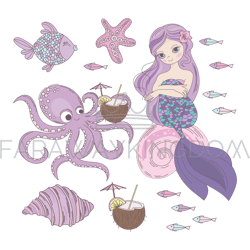 mermaid dessert underwater princess vector illustration set