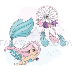 mermaid dreamcatcher cartoon travel vector illustration set