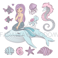 mermaid friends sea cartoon tropical vector illustration set