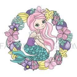 mermaid fruits floral cartoon travel vector illustration set