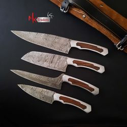 handmade damascsu steel kitchen/chef knives set, BBQ knifes with leather sheath, Custom Handmade Damascus steel kitchen