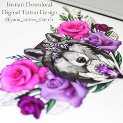 Wolf Flower Tattoo Design Wolf Tattoo for Females Wolf Tattoo Designs for Ladies, Instant download PDF and JPG files