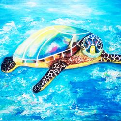 Sea Turtle Painting Hawaii Original Art Underwater Artwork Nautical Wall Art by Selena Sashina