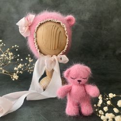 bear set: toy and bonnet for newborn photography props