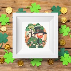 Leprechaun with shamrock in hamlet St Patrick day cross stitch digital printable A4 PDF pattern for home decor and gift