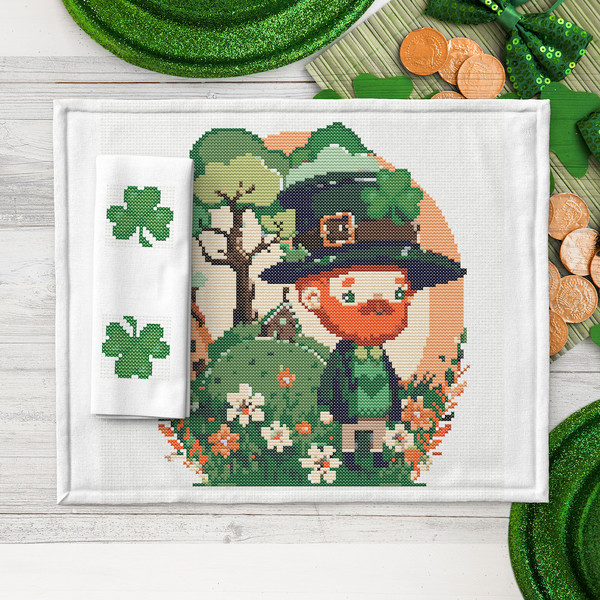 4 Leprechaun with spring flowers, shamrock and hamlet St Patrick day cross stitch digital printable A4 PDF pattern for home decor and gift  .jpg