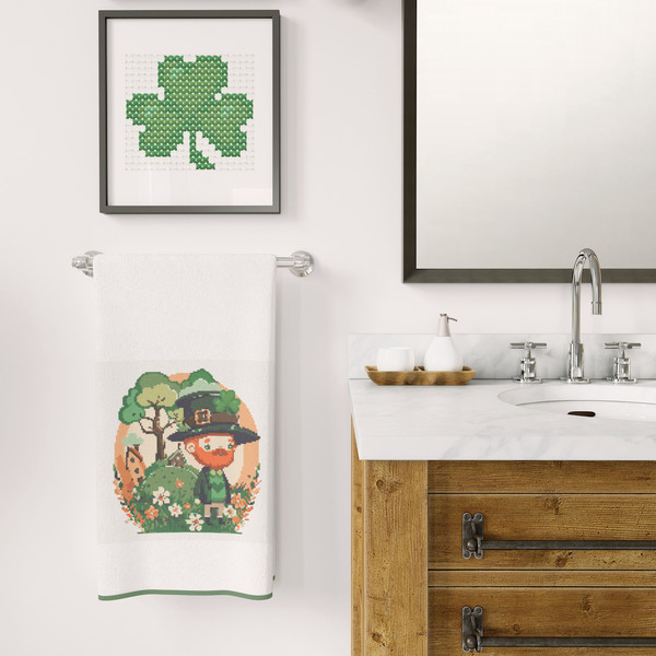 6 Leprechaun with spring flowers, shamrock and hamlet St Patrick day cross stitch digital printable A4 PDF pattern for home decor and gift  .jpg