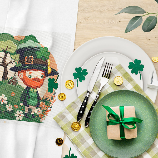 7 Leprechaun with spring flowers, shamrock and hamlet St Patrick day cross stitch digital printable A4 PDF pattern for home decor and gift  .jpg