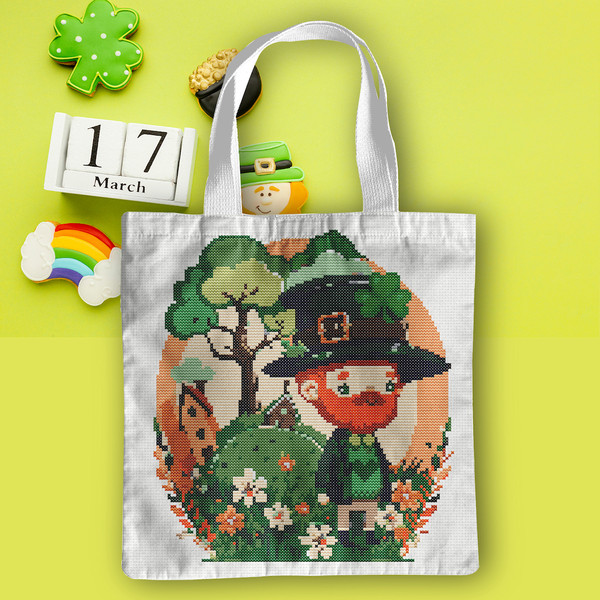 8 Leprechaun with spring flowers, shamrock and hamlet St Patrick day cross stitch digital printable A4 PDF pattern for home decor and gift  .jpg