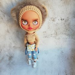 Set of clothes for Blythe dolls knitted helmet hat brown Lion plus knitted top with sleeves winter doll outfit