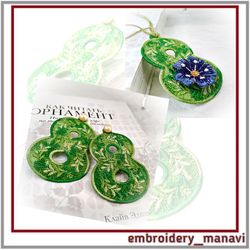 FSL embroidery design for earrings with a wreath of leaves and 3D flower by shape 8