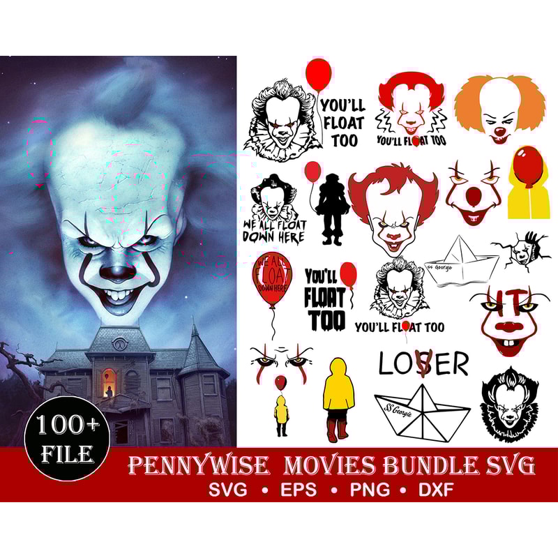 100 IT pennywise Clown Svg Bundle, IT Pennywise Clown Svg, Clown Svg, Horror, Scary, Movie,Clipart, Halloween Svg, You'll Float Too, Red Balloon Digital Instant