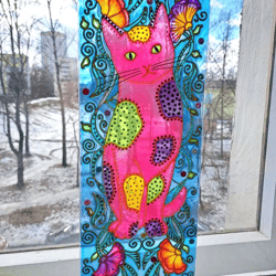Suncatcher Stained Glass Cat lover Window hanging colorful decor handpainted Cute cat original painting hanging pictures