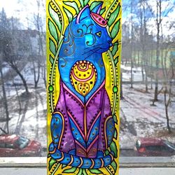 Suncatcher Stained Glass Cat lover Window hanging colorful decor handpainted Cute cat original painting hanging pictures
