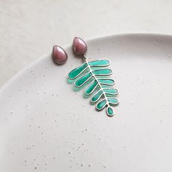 Asymmetric leaf earrings, pink and green botanical studs
