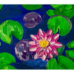 Lotus flower original oil painting pond flowers art pink lotus artwork floral landscape impressionism impasto wall art