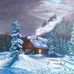 Winter Scenery Forest House Painting Wall Art 16*19 inch Countryside View Art