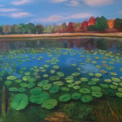 Water Lily Lake Painting Lake in the Forest Oil Painting Landscape Painting 23*31 inch Autumn Scenery Art
