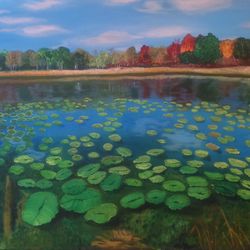 water lily lake painting lake in the forest oil painting landscape painting 23*31 inch autumn scenery art