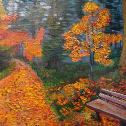 Autumn Oil Painting Wall Art 15*22 inch Park Bench Picture Nature Painting
