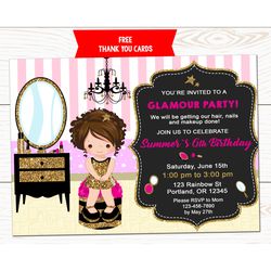 Glamour invitation SPA birthday invitation Girl fashion invitation Glamour party invite Makeup and manicures invitation