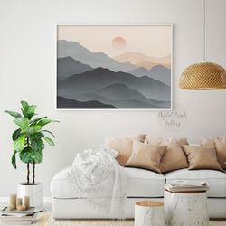 Grey Abstract Mountain Art Print, Horizontal Minimalist Landscape Print Nature Scenery Wall Art Mid Century Modern Decor