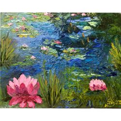 Water Lilies Painting Original Art Oil Painting Floral Artwork Impressionism Art Small Oil Painting Landscape Painting