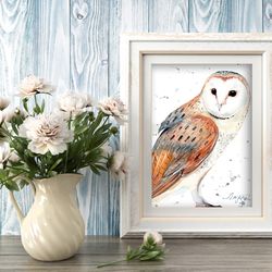 Common barn owl bird 8x11 inch original painting the white - faced owl art by Anne Gorywine