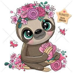 Cute Cartoon Sloth PNG, clipart, Sublimation Design, Children printable, Flowers, art